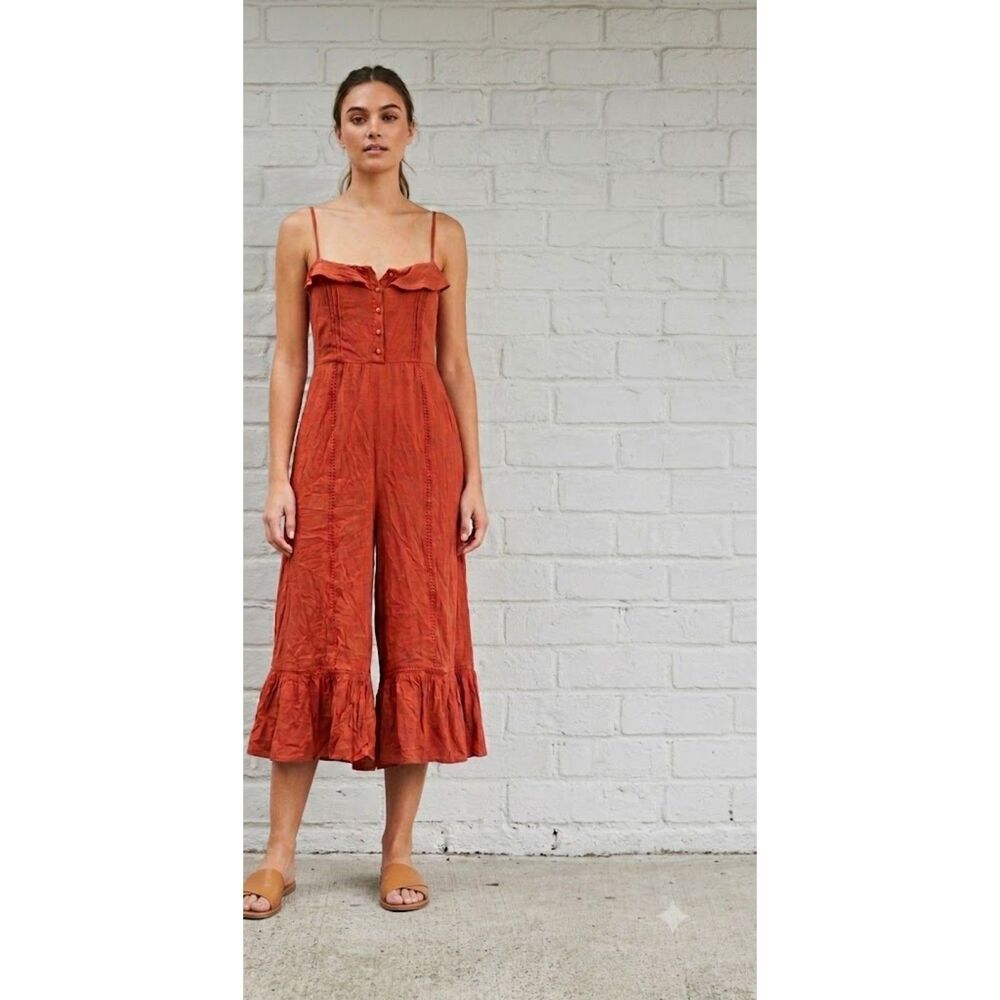 Voge Boutique Rust Orange Cropped Wide Leg Jumpsuit Ruffle Hem Small P2215-FOI